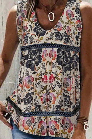 Printed V Neck Lace Splicing Tank Top ZZKF890