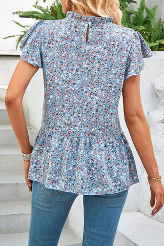Frilled Collar Flare Sleeves Floral Tunic Blouse ASJP054