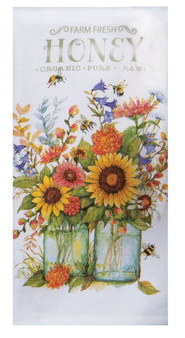 Sunflower Honey Ball Jars with bees and wildflowers Terry Kitchen Towel
