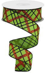 Glitter Plaid Ribbon, Fall Ribbon, Green Ribbon, Orange Ribbon, Plaid Ribbon, Royal Burlap Ribbon, Wired Ribbon, 1 1/2", 10 Yard Roll