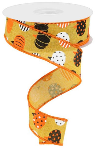 Patterned Pumpkin Ribbon, 1.5 Wired Ribbon Dk Mustard/Wht/Org/Blk Fall Ribbon, Burlap Ribbon, Ribbon, 10 Yard Roll