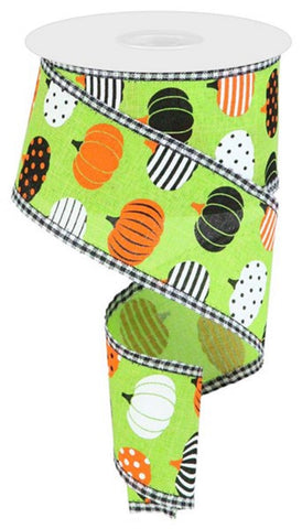 2.5" Pattern Pumpkins Gingham Ribbon: Lime Green (10 Yards)