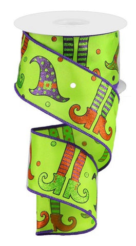 Halloween Fall 2.5" WIRED Lime, Purple, Orange, and Black Witch Hats And Legs On Satin Ribbon, Wreath Making Supply, DIY Projects