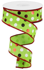 Grinch 1.5" Metallic Dots on Lime/Red/White Dot Wired Ribbon Wreath Ribbon Craft Ribbon  Christmas Ribbon
