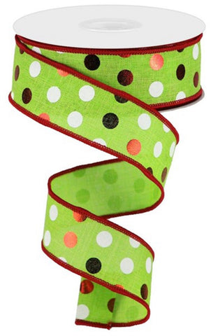 Grinch 1.5" Metallic Dots on Lime/Red/White Dot Wired Ribbon Wreath Ribbon Craft Ribbon  Christmas Ribbon