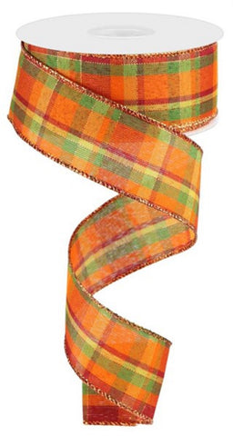 Orange Fall Plaid Wired Ribbon By the Roll for Wreaths or Bows Metallic Accents 1.5"x10 YARD ROLL