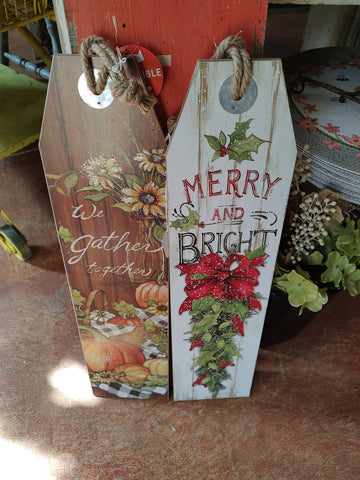 Fall & Christmas Sign Reversable - We Gather Together Reverse to Merry & Bright