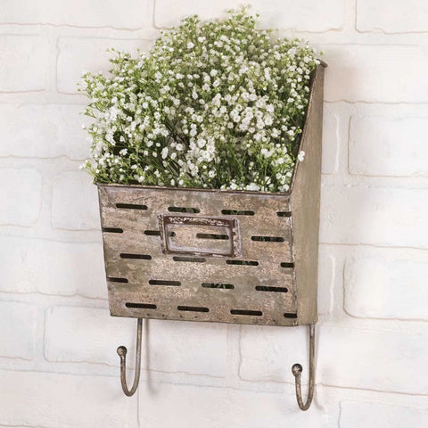 Farmhouse Galvanized Wall Caddy with Hooks - Metal Key Holder - 13x7.5x5 Farmhouse Decor for Florals & Kitchen Towels