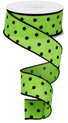 Small Polka Dot Ribbon, Black Dots on Lime Green, Halloween Fall Spring Summer Wired Ribbon, 1.5" Wide X 10 Yard Roll